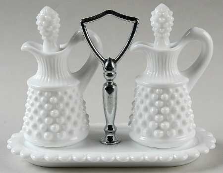 Hobnail Milk Glass (5 Piece) Oil Cruet Set on Handled Tray