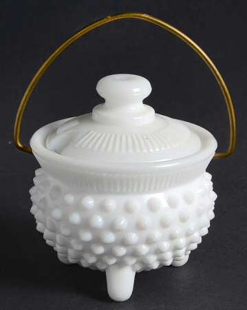Hobnail Milk Glass Mustard Kettle & Lid with Wire Handle