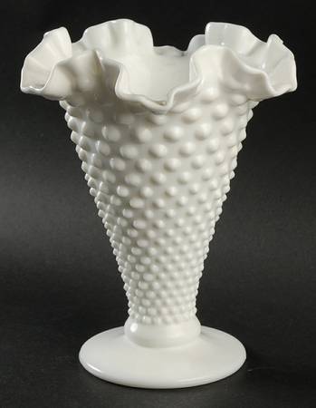 Hobnail Milk Glass 8" Footed Double Crimped Vase