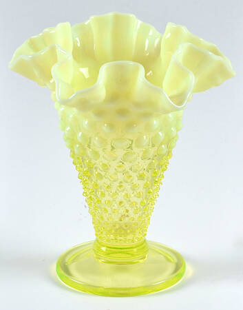 Hobnail Topaz (Opalescent) 6" Footed Double Crimped Vase