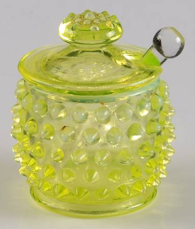 Hobnail Topaz (Opalescent) Mustard & Lid with Spoon