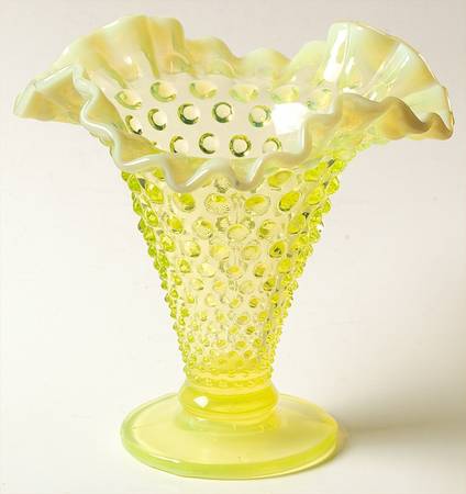 Hobnail Topaz (Opalescent) 6" Footed Crimped Cupped Flared Vase