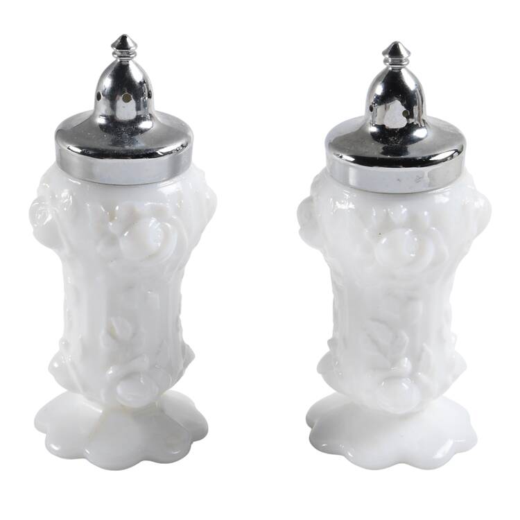 Rose Milk Glass Footed Shaker Set & Metal Lids