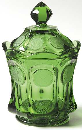 Coin Glass Emerald Green (Older, Stem 1372) Candy Dish & Lid