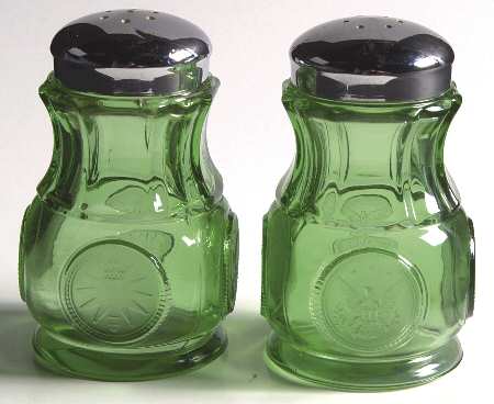 Coin Glass Emerald Green (Older, Stem 1372) Shaker Set w/Metal Lids