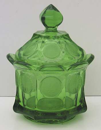Coin Glass Emerald Green (Older, Stem 1372) Bowl Has Lip, Sugar Bowl & Lid