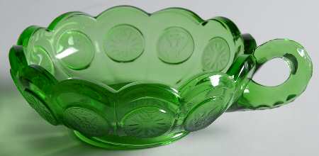 Coin Glass Emerald Green (Older, Stem 1372) Handled Nappy