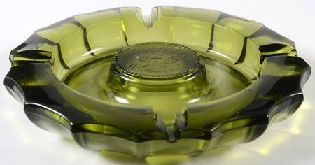 Coin Glass Olive Green Ashtray with One Raised Center Coin