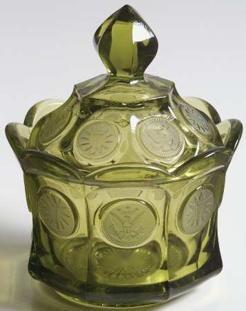 Coin Glass Olive Green Bowl Has Lip, Sugar Bowl & Lid