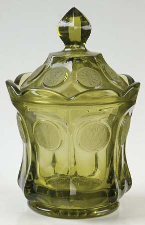Coin Glass Olive Green Candy Dish & Lid