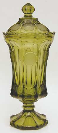 Coin Glass Olive Green Footed Urn & Lid