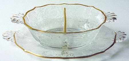 Gold Lace Divided Hdl. Mayonnaise Bowl & Tray(Baroque Shape)