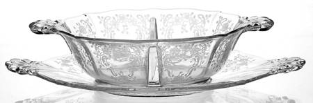 Meadow Rose Clear Divided Hdl. Mayonnaise Bowl & Tray(Baroque Shape)