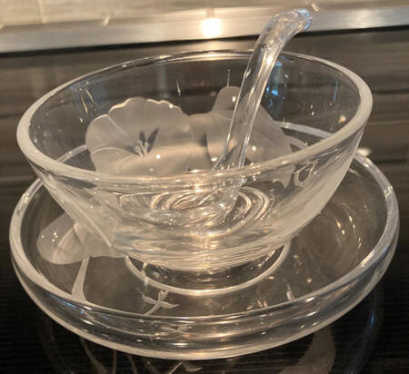 Morning Glory Clear (Frosted, Carving 12) Mayonnaise Bowl, Underplate and Ladle