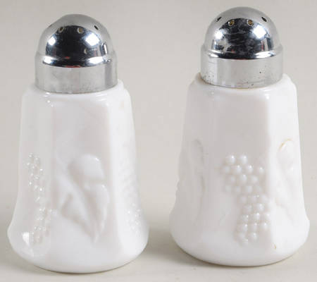Vintage Milk Glass Footed Shaker Set & Metal Lids