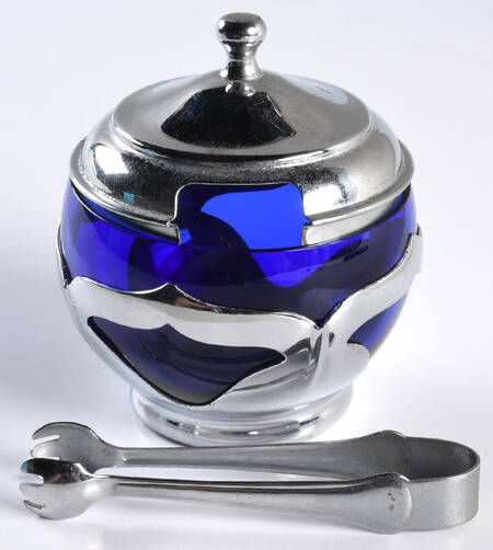 Farber Crystal (Chrome) Sugar Cuber & Lid with Metal Tongs