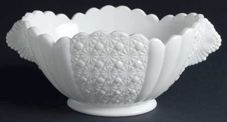 Daisy and Button Milk Glass 9" Oval Handled Bowl