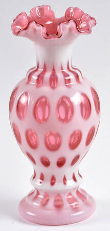 Coin Dot Cranberry (Opalescent) 8" Double Crimped Vase