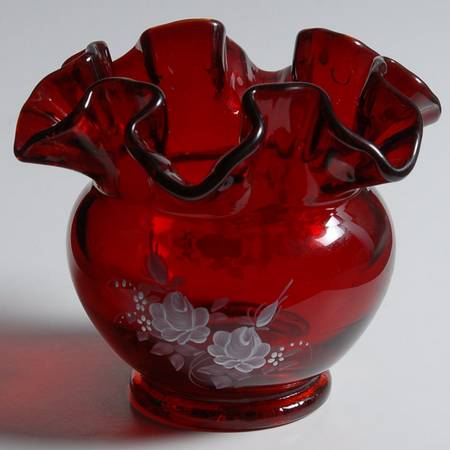 Roses On Ruby 4" Double Crimped Vase by Fenton