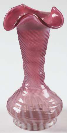 Spiral Optic Cranberry (Opalescent) 8" Crimped Vase