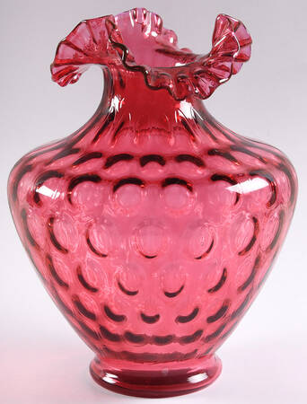 Dot Optic Cranberry 10" Crimped Triangle Vase