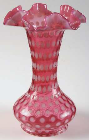 Polka Dot Cranberry (Opalescent) 8" Double Crimped Vase