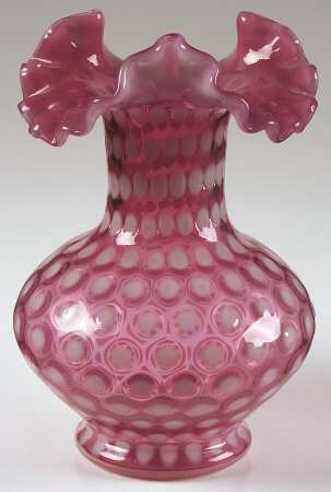 Polka Dot Cranberry (Opalescent) 7" Double Crimped Vase