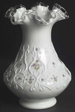 Violets in the Snow Spanish Lace 8" Crimped Vase