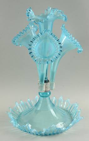 Blue Opalescent 4 Horn Epergne (Made for Wright Glass)