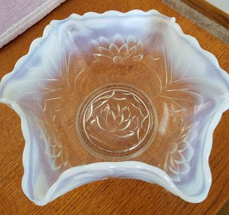 Waterlily and Cattails White (Opalescent) 9" Round Bowl by Fenton