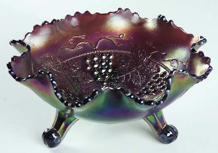 Grape and Cable Amethyst (Carnival, Older) 7" Round 3-Toed Crimped Bowl by Fenton