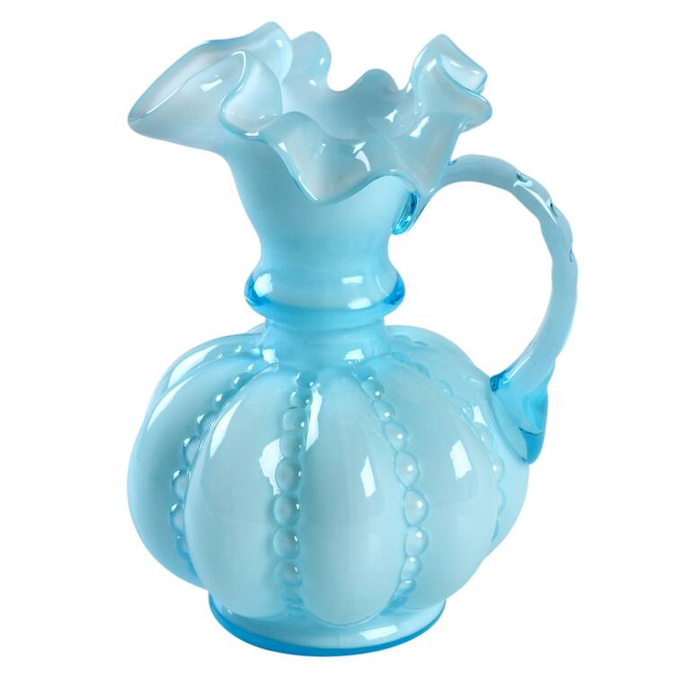 Blue Overlay on White 5" Handled Jug by Fenton