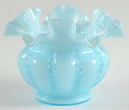Blue Overlay on White 4" Double Crimped Vase by Fenton