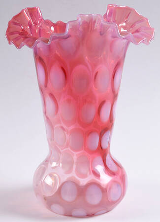 Dot Optic Cranberry (Opalescent) 10" Crimped Vase