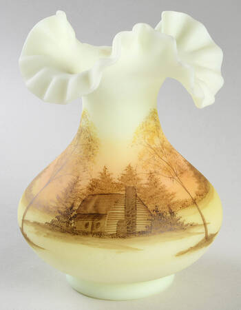Log Cabin on Custard Satin 7" Crimped Vase
