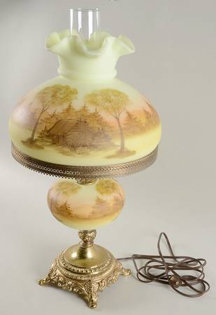 Log Cabin on Custard Satin Student Lamp with Globe & Chimney