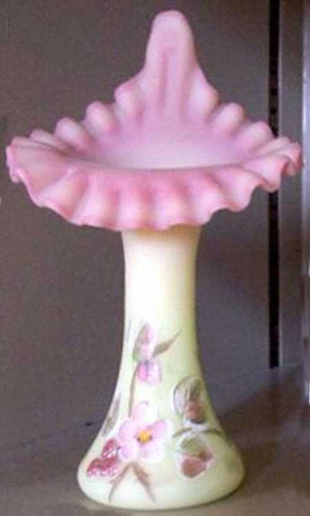 Raspberry on Burmese 7" Tulip Vase by Fenton