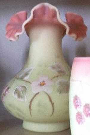 Raspberry on Burmese 7" Double Crimped Vase by Fenton