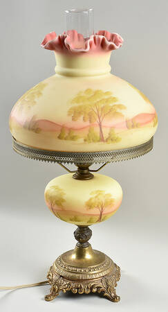 Tree Scene Burmese (Older) Student Lamp with Globe & Chimney