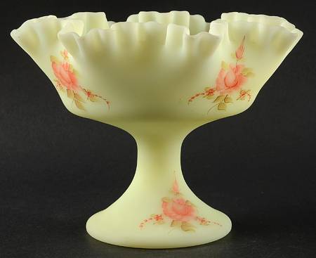 Roses on Custard Satin Round Compote (Height X Width) by Fenton