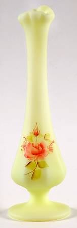 Roses on Custard Satin 7" Bud Vase by Fenton