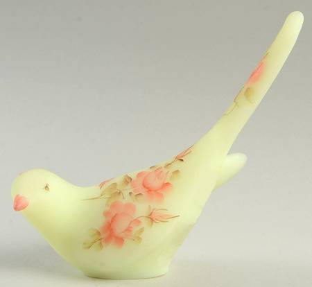 Roses on Custard Satin Happiness Bird Figurine by Fenton