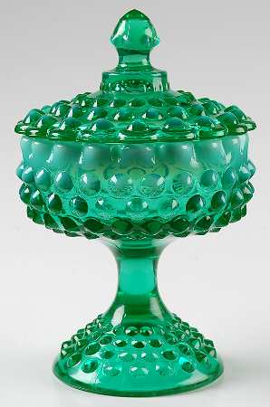 Hobnail Green (Opalescent, Bluish Green) Comport & Lid