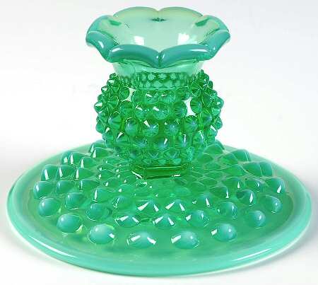 Hobnail Green (Opalescent, Bluish Green) 3" Single Light Candlestick