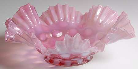 Opalescent Dot Cranberry 13" Round Double Crimped Bowl