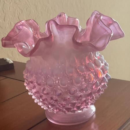 Hobnail Pink (Opalescent) 4 1/2" Miniature Double Crimp Vase