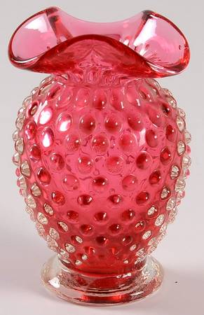 Hobnail-Ruby Overlay (Cranberry) 4" Crimped Triangle Vase by Fenton