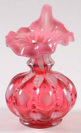 Cranberry Opalescent Heart Optic 6" Jack in the Pulpit Crimped Vase