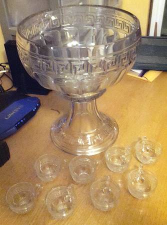 Greek Key Clear Cupped Punch Bowl with Stand
