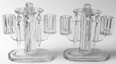 Ridgeleigh (Heavy Pressed Patt) Pair 6" 2 Light Candelabra W/2 Bobeche & 12 Prisms